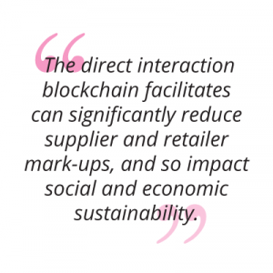 The direct interaction blockchain facilitates can significantly reduce supplier and retailer mark-ups, and so impact social and economic sustainability. pull quote