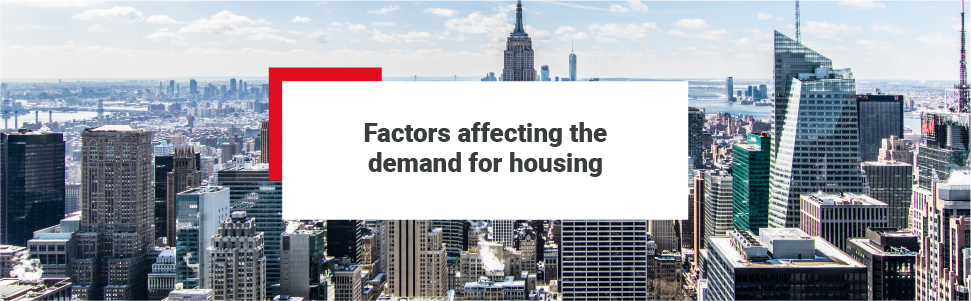View of a modern city - 'Factors that affect the demand for housing' has been positioned over the image.