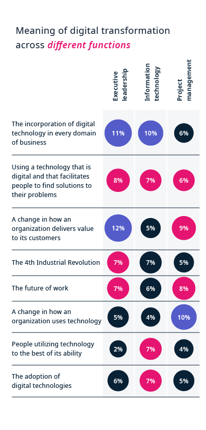 The meaning of digital transformation across different functions: Executive leadership, IT and project management