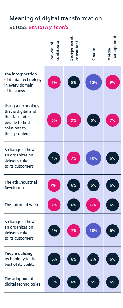 The meaning of digital transformation across different seniority levels: Individual contributor, independent consultant, c-suite and middle management